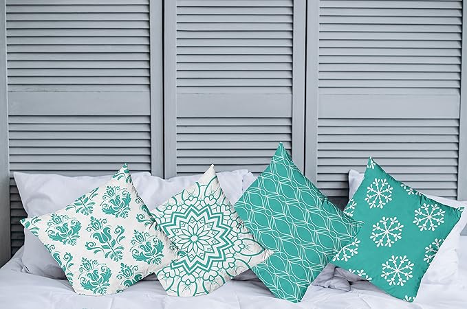 Ambesonne Retro Throw Pillow Cushion Case Pack of 4, Trellis Grid Medieval Floral Damask Mandala Flower Ornament in Modern Monochrome, Modern Accent Double-Sided Digital Printing, 18", Dark Seafoam