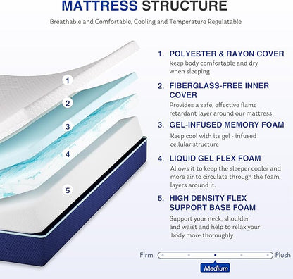 12 Inch Queen Size Mattress, Gel Cooling Memory Foam Mattress in A Box, Medium Firm Feel for Back Pain Relief, CertiPUR US Certified