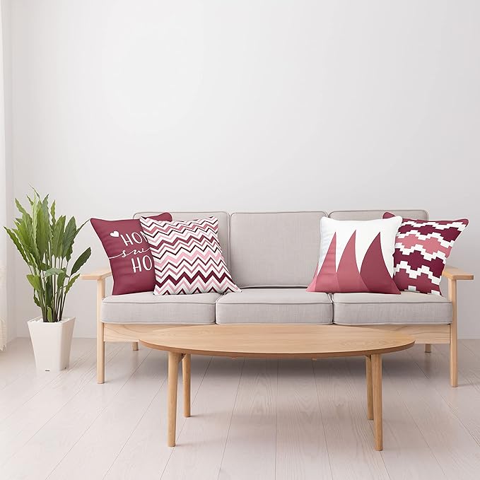 Ambesonne Modern Throw Pillow Cushion Case Pack of 4, Geometric Style Pattern of Triangles Zigzags Love Home Phrase Print, Modern Accent Double-Sided Digital Printing, 24", Raspberry Rose and White