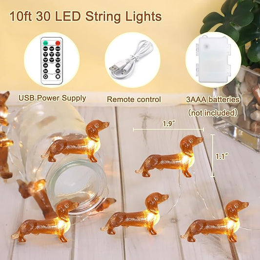Impress Life Pet Theme Christmas Decorative String Lights, 10ft 30 LED Dachshund Dog Twinkle Lights, USB Battery Operated with Remote for Indoor Covered Outdoor Christmas Parties Ornament