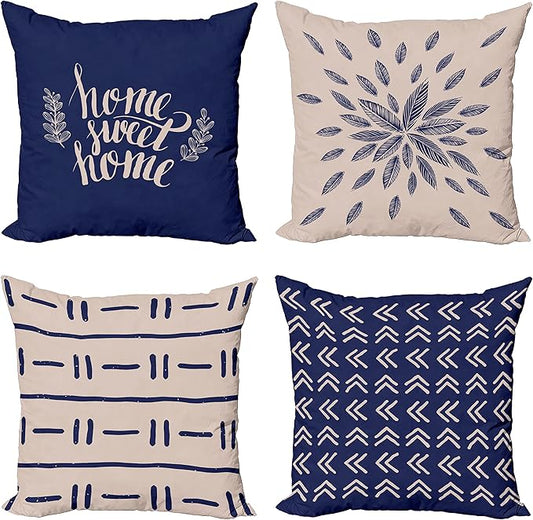 Ambesonne Modern Throw Pillow Cushion Case Pack of 4, Scandinavian Minimal Ornaments Boho Feather Leaves and Home Phrase Print, Modern Accent Double-Sided Digital Printing, 18", Pale Tan and Indigo