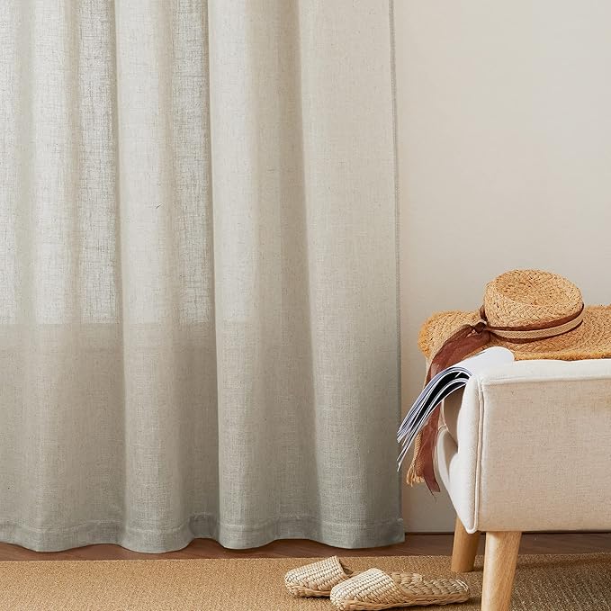 RYB HOME Linen Sheer Curtains Rich Linen Weave Translucent Sheer Drapes, Privacy Protected Soften Sunlight for Bedroom Study Loft Bed Farmhouse Canopy Bed Play Room, W 52" x L 72", Angora, 2 Pack
