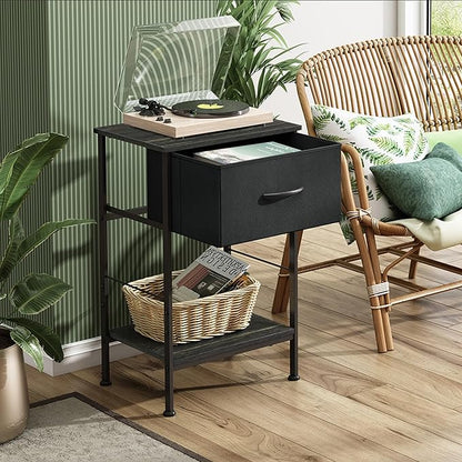 WLIVE Night Stand Set 2, Black Nightstand with Fabric Storage Drawer and Open Wood Shelf, Nightstand Set of 2 with Steel Frame, Side Table for Bedroom, Dorm, Charcoal Black, 25.03" Height