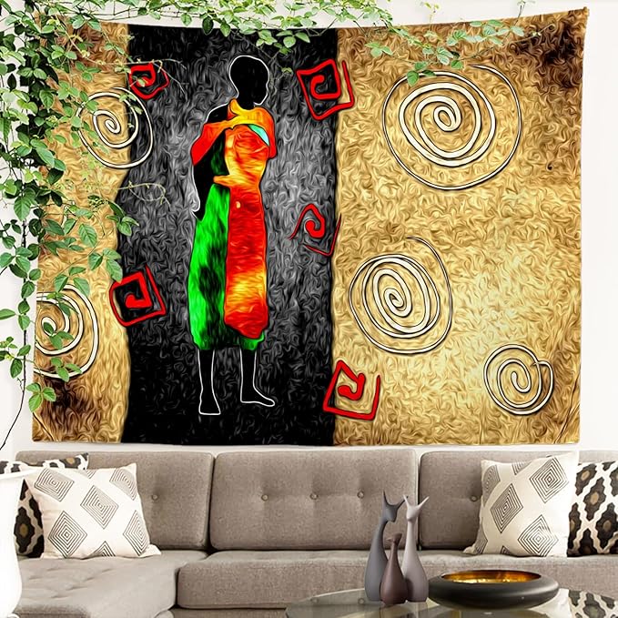 Batmerry African Ethnic Retro Tapestry, Vintage Motive Oil Landscape Fashion Wall Art Hanging Decoration Polyester Fiber White Ruffled Around For Dorm Room Bedroom Living Room, 35 X 47 Inches