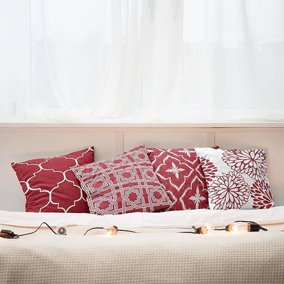 Ambesonne Vintage Throw Pillow Cushion Case Pack of 4, Monochrome Design Grid Trellis Quatrefoil Mesh and Dahlia Flowers Modern Print, Modern Accent Double-Sided Digital Printing, 18", Ruby and White
