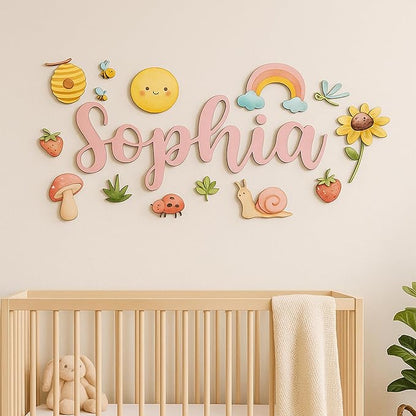 Custom Nursery Name Sign with Themed Decor Kit | Personalized Wooden Wall Art for Baby, Kids Room | Space, Jungle, Circus, Under the Sea, Woodland, Rainbow (20", Rainbow/Nature)