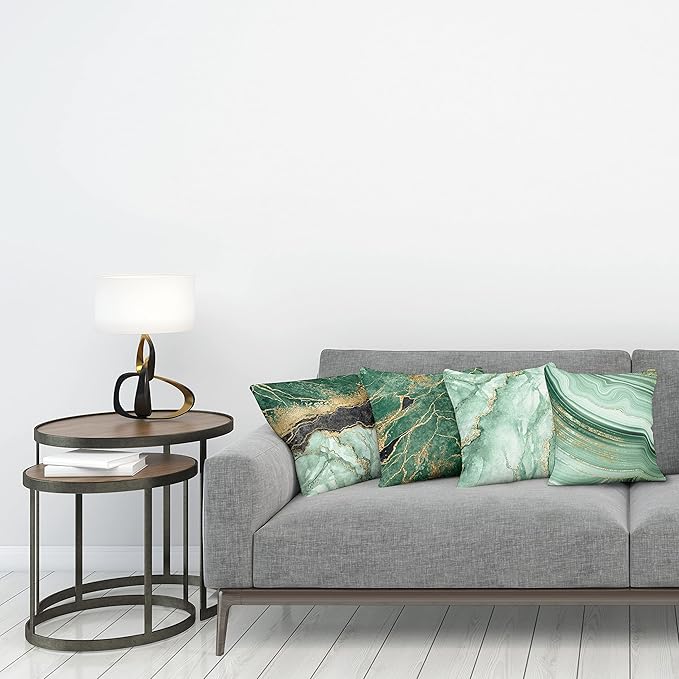 Ambesonne Marble Print Throw Pillow Cushion Case Pack of 4, Abstract Look Nature Stone Ornaments Modern with Minty Details Print, Modern Accent Double-Sided Digital Printing, 18", Jade Green Dark Grey