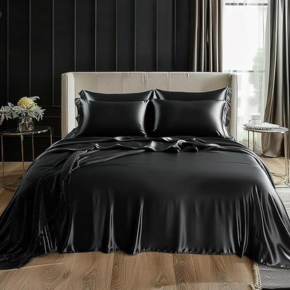 Love's cabin Twin Satin Sheets Sets - 3 Piece Black Silky Bed Sheets with Deep Pockets, Luxury Silk Feel Satin Twin Size Sheet Set Bedding Set (1 Flat Sheet,1 Fitted Sheet,1 Pillow case)