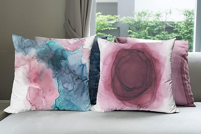 Ambesonne Marble Print Throw Pillow Cushion Case Pack of 4, Watercolor Effect Brushstrokes Stains and Hues Modern Bicolour, Modern Accent Double-Sided Digital Printing, 24", Petrol Blue and Dried Rose