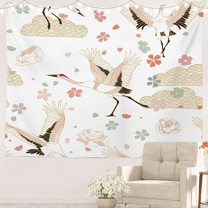 Batmerry White and Gold Japanese Tapestry,Rustic Wall Art Hanging Decoration Polyester Fiber White Ruffled Around for Dorm Room Bedroom Living Room, 51.2x59.1 inches