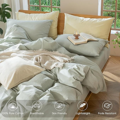 MooMee Bedding Duvet Cover Set 100% Washed Cotton Linen Like Textured Breathable Durable Soft Comfy (Heathered Sage Green, Oversized King Plus 128"x120")