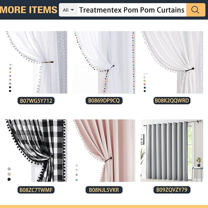 Treatmentex Pom-Pom Grey Sheer Curtains for Bedroom 63" Window Drapes Rod Pocket Textured Sheer Curtain for Kids Room 52" w 2 Panels