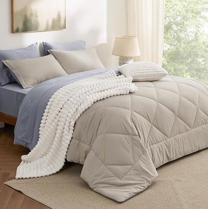 Bedsure King Size Comforter Set - 7 Pieces Reversible Beige Bedding, King Size Bed Set for All Seasons, Bed in a Bag with Down Alternative Comforter, Sheets, Pillowcases & Shams