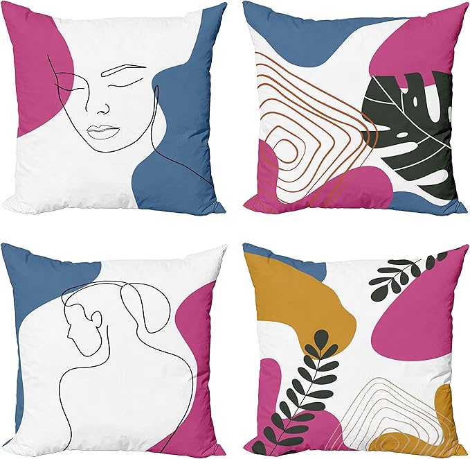 Ambesonne Minimal Throw Pillow Cushion Case Pack of 4, Modern Line Art Woman Portrait with Contemporary Leafy Geometric Details, Modern Accent Double-Sided Digital Printing, 20", Slate Blue Pink Amber