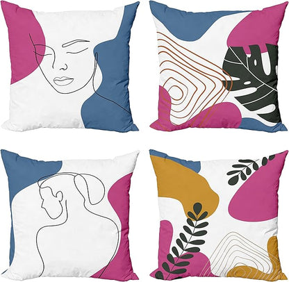 Ambesonne Minimal Throw Pillow Cushion Case Pack of 4, Modern Line Art Woman Portrait with Contemporary Leafy Geometric Details, Modern Accent Double-Sided Digital Printing, 20", Slate Blue Pink Amber