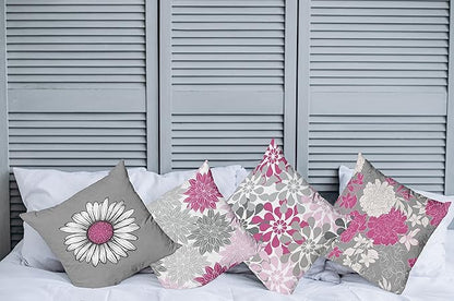Ambesonne Floral Throw Pillow Cushion Case Pack of 4, Flower Petals Modern Color Palette Chamomile Peony Dahlia and Sunflower Print, Modern Accent Double-Sided Digital Printing, 16", Pink and Grey