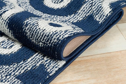 Custom Length Cut to Size Retro Modern Coastal Carpet Runner Rug for Hallways, Non Slip Rubber Backed, 31 inch Wide X Customized Length, Geo Blue, 31 inch X 27 feet