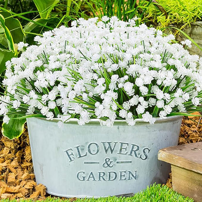 Ouddy Decor 24 Bundles Artificial Flowers for Outdoors UV Resistant Fake Plastic Plants Faux Boston Fern Greenery Stems for Spring Summer Indoor Garden Patio Window Box Kitchen Home Decor, White