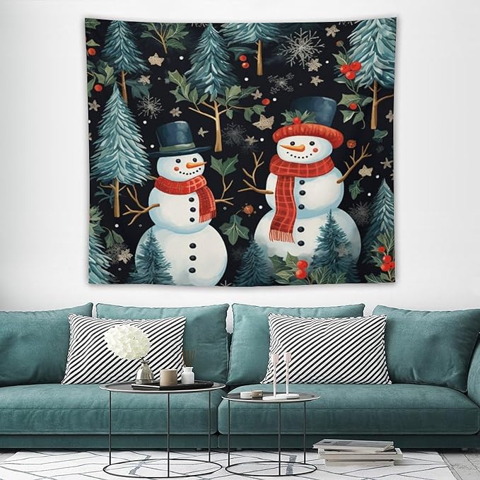 Wall Tapestry Snowman Couple Tapestry Vintage Christmas Cute Snowman Tapestry Vintage Aesthetic Tapestries Wall Art for Bedroom Living Room Decor Home Decor 50"x60" Christmas Family Party