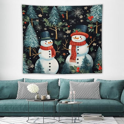 Wall Tapestry Snowman Couple Tapestry Vintage Christmas Cute Snowman Tapestry Vintage Aesthetic Tapestries Wall Art for Bedroom Living Room Decor Home Decor 50"x60" Christmas Family Party
