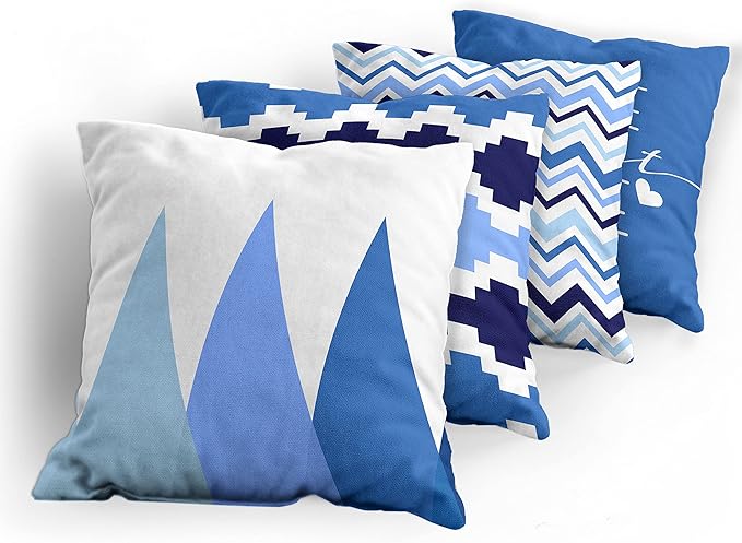 Ambesonne Modern Throw Pillow Cushion Case Pack of 4, Geometric Style Pattern of Triangles Zigzags Love Home Phrase Print, Modern Accent Double-Sided Digital Printing, 18", Azure Blue Indigo and White
