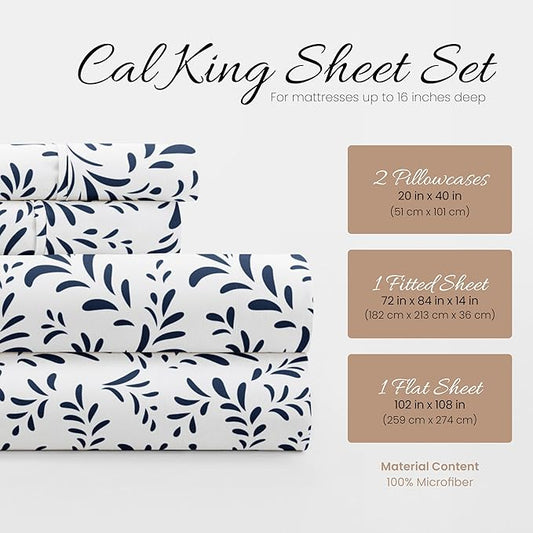 Linen Market Double-Brushed Patterned Microfiber California King Sheet Set 4 Piece – OEKO-TEX Certified Ultra Soft & Wrinkle-Free - 16" Deep Pocket Sheets Easy Care Cal-King Size - Burst of Vines Navy