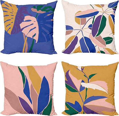 Ambesonne Exotic Throw Pillow Cushion Case Pack of 4, Tropical Themed Leaves Branches Monstera Plant Summer Vibes Pastel, Modern Accent Double-Sided Digital Printing, 16", Peach Blue Violet Mustard