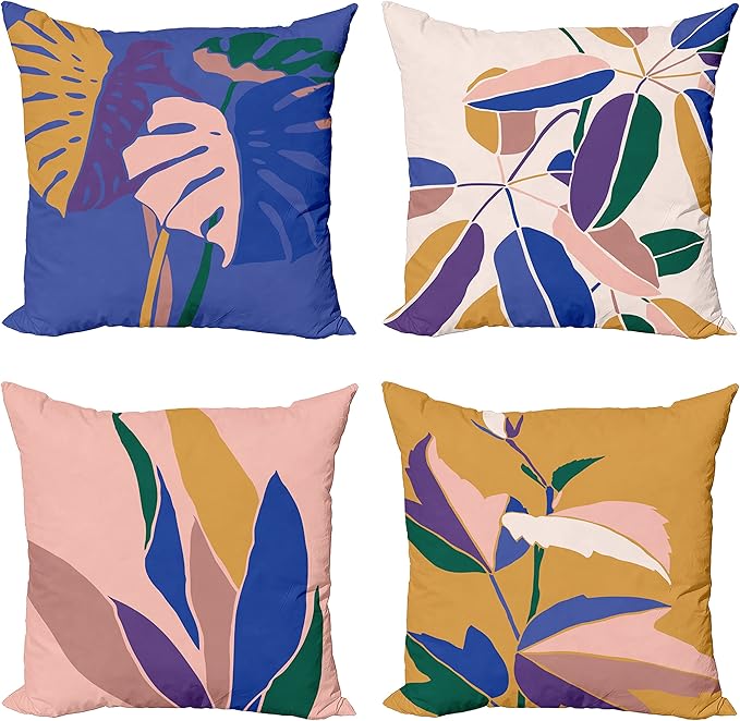 Ambesonne Exotic Throw Pillow Cushion Case Pack of 4, Tropical Themed Leaves Branches Monstera Plant Summer Vibes Pastel, Modern Accent Double-Sided Digital Printing, 20", Peach Blue Violet Mustard