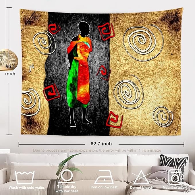 Batmerry African Ethnic Retro Tapestry, Vintage Motive Oil Landscape Fashion Wall Art Hanging Decoration Polyester Fiber White Ruffled Around for Dorm Room Bedroom Living Room, 59.1x82.7 inches