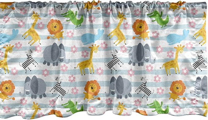 Ambesonne Savannah Window Valance, Friendly Zoo Animals with Happy Faces Cartoon Characters on Stripes Print, Curtain Valance for Kitchen Bedroom Decor with Rod Pocket, 54" X 12", Pale Azure Blue