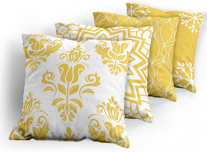 Ambesonne Retro Throw Pillow Cushion Case Pack of 4, Trellis Grid Medieval Floral Damask Mandala Flower Ornament in Modern Monochrome, Modern Accent Double-Sided Digital Printing, 20", Earth Yellow