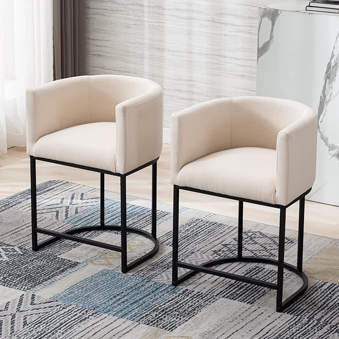 Modern Counter Height Linen Upholstered Bar Stools Set of 3, 24" Kitchen Counter Island Stools Bar Chairs with Black Metal Frame, Cream