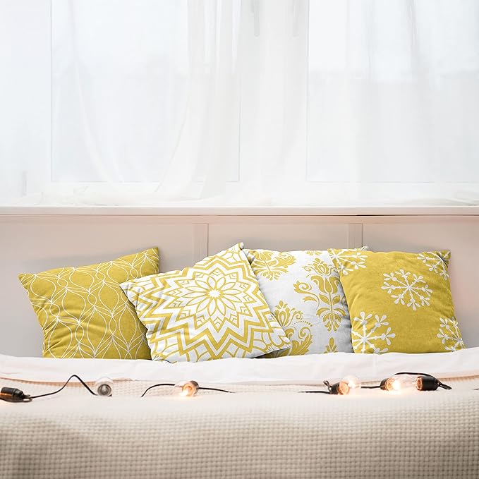 Ambesonne Retro Throw Pillow Cushion Case Pack of 4, Trellis Grid Medieval Floral Damask Mandala Flower Ornament in Modern Monochrome, Modern Accent Double-Sided Digital Printing, 24", Earth Yellow