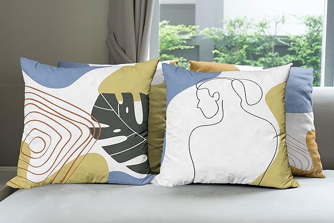 Ambesonne Minimal Throw Pillow Cushion Case Pack of 4, Modern Line Art Woman Portrait with Contemporary Leafy Geometric Details, Modern Accent Double-Sided Digital Printing, 24", Mustard and Blue Grey