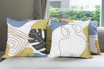 Ambesonne Minimal Throw Pillow Cushion Case Pack of 4, Modern Line Art Woman Portrait with Contemporary Leafy Geometric Details, Modern Accent Double-Sided Digital Printing, 24", Mustard and Blue Grey