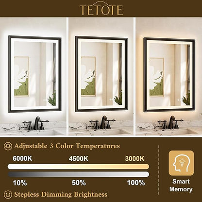 TETOTE Black LED Bathroom Mirror with Lights 48x30 Front & Back Light Vanity Framed Mirror Baroque Gothic Anti Fog Dimmable White/Warm/Natural,CRI90+,Waterproof,Wall Mounted(Horizontal/Vertical)
