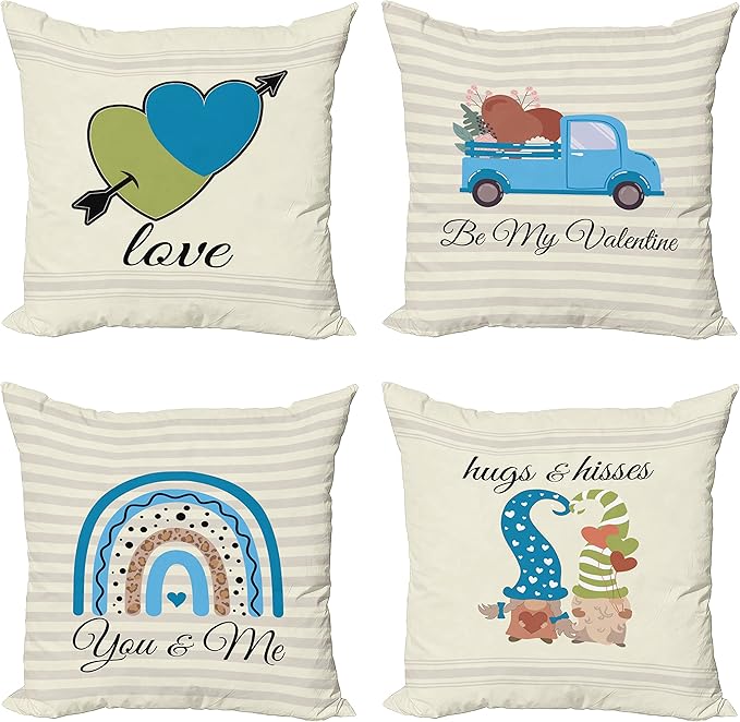 Ambesonne Romantic Throw Pillow Cushion Case Pack of 4, Love Hearts Arrow You and Me Be My Valentine Hugs Kisses Lettering, Modern Accent Double-Sided Digital Printing, 20", Ivory Blue and Olive Green