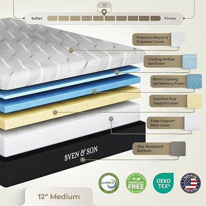 Sven and Son Essential Adjustable Bed Base (Frame) + 12 inch Memory Foam Matt (Medium), Easy Assembly, Head and Foot Lift, Memory Positions, Zero Gravity, Wireless Remote - Full