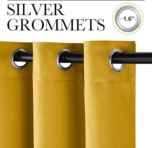 NICETOWN Room Darkening Gold Curtains 63 inch Length 2 Panels - Grommet Top Sound Reduction Privacy Faux Silk Satin Thermal Drapes for Bedroom/Living Room, W52 x L63