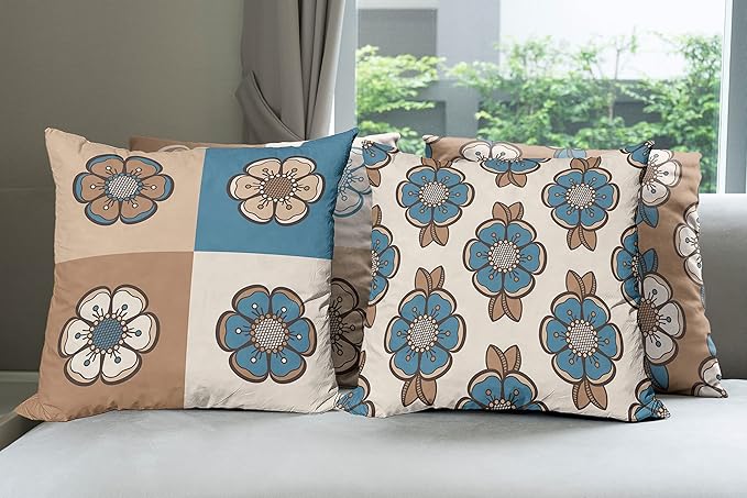 Ambesonne Retro Throw Pillow Cushion Case Pack of 4, Nostalgic Flower Petals Spring Vibes on Earthy Colors Mosaic Tile Themed, Modern Accent Double-Sided Digital Printing, 24", Sea Blue Umber and Tan