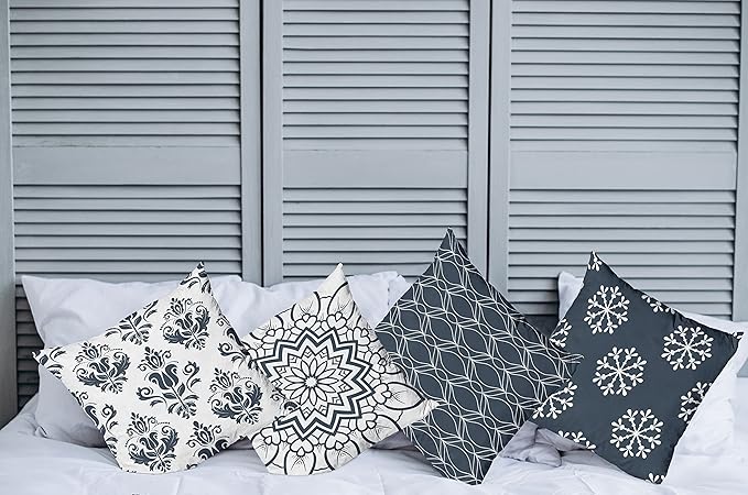 Ambesonne Retro Throw Pillow Cushion Case Pack of 4, Trellis Grid Medieval Floral Damask Mandala Flower Ornament in Modern Monochrome, Modern Accent Double-Sided Digital Printing, 24", Dark Slate Blue
