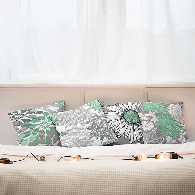 Ambesonne Floral Throw Pillow Cushion Case Pack of 4, Flower Petals Modern Color Palette Chamomile Peony Dahlia and Sunflower Print, Modern Accent Double-Sided Digital Printing, 20", Sea Green Grey