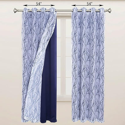 BONZER Mix and Match Curtains - 2 Pieces Branch Print Sheer Curtains and 2 Pieces Blackout Curtains for Bedroom Living Room Grommet Window Drapes, 54x63 Inch/Panel, Indigo, Set of 4 Panels