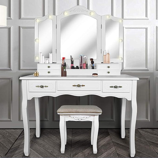 ENSTVER Vintage Vanity Desk with Mirror and Lights, Tri-Folding Mirrors, 6 Organization 7 Drawers Makeup Dress Vanity Table with Cushioned Stool-White