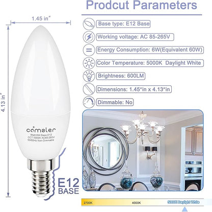 comzler 6W Candelabra LED Bulb, Small Base E12 LED Bulb 60 Watts Equivalent,Chandelier Light Bulbs Type B Light Bulb Daylight 5000K, Pack of 6, Non-Dimmable
