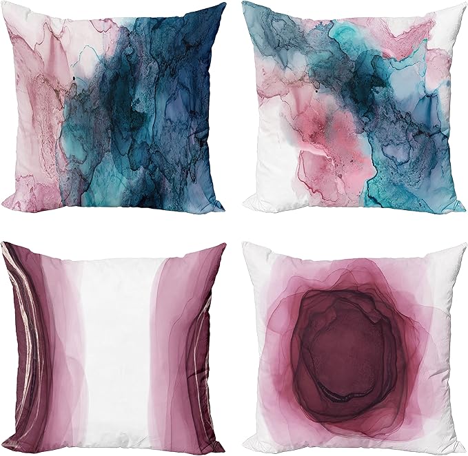 Ambesonne Marble Print Throw Pillow Cushion Case Pack of 4, Watercolor Effect Brushstrokes Stains and Hues Modern Bicolour, Modern Accent Double-Sided Digital Printing, 24", Petrol Blue and Dried Rose