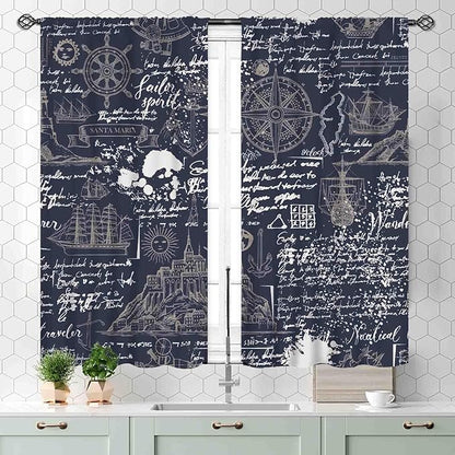 Vintage Nautical Curtains, Marine Coastal Sailboat Compass Anchor Ocean Beach Old Pirate Map Navy Blue Blackout Retro Drapes for Bedroom Living Room Kitchen Bathroom Window 2 Panels, 55x39 Inch
