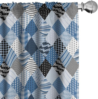 Ambesonne Geometric Window Curtains, Geometrical Diamond Shaped Lines with Various Nostalgic Fashioned Old Pattern, Decorative Panels Set of 2 with Rod Pocket, Pair of - 28" x 84", Black Blue