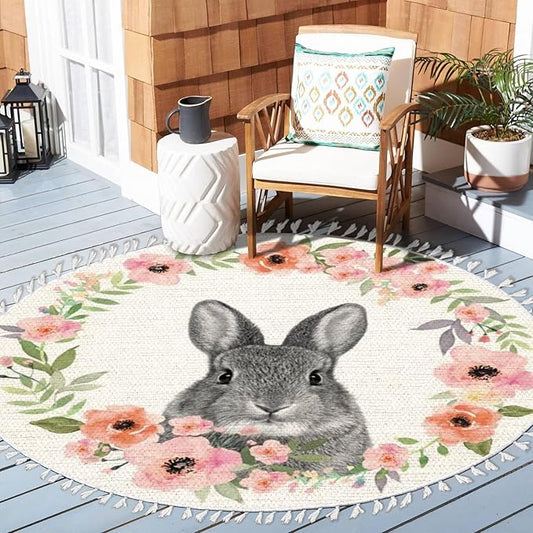 Woodland Animals Round Rugs Flower Crown Rabbit Barn Animal Boho Area Rug in Pastel Color Linen and Cotton Carpet Nursery Rug Washable Hallway Runner Mat Accent Rug for Bedroom Powder Room 4ft
