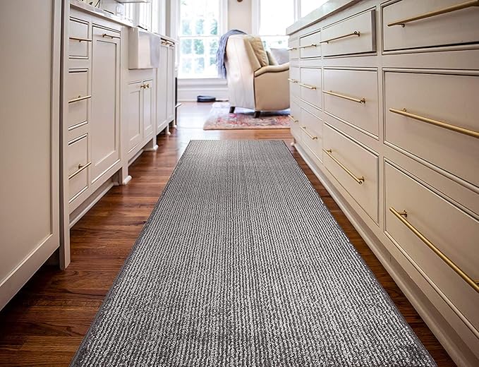 Custom Length Cut to Size Wide Width Carpet Runner Rug for Hallways, Skid Resistant Latex Rubber Backed, 31 inch Wide X Customized Length, Stripe Grey, 31 inch X 35 feet